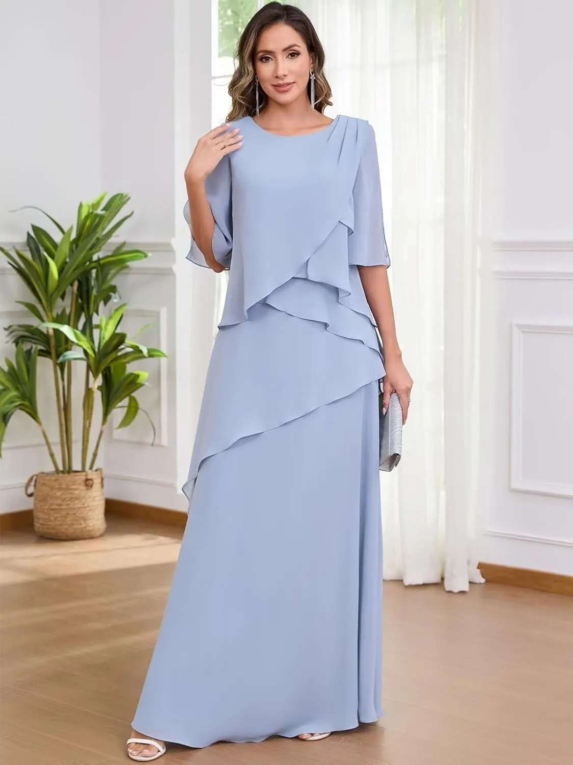 TORYEMY Women's Mother of The Bride Dresses Long Chiffon A Line Short Sleeve Formal Evening Dress for Wedding