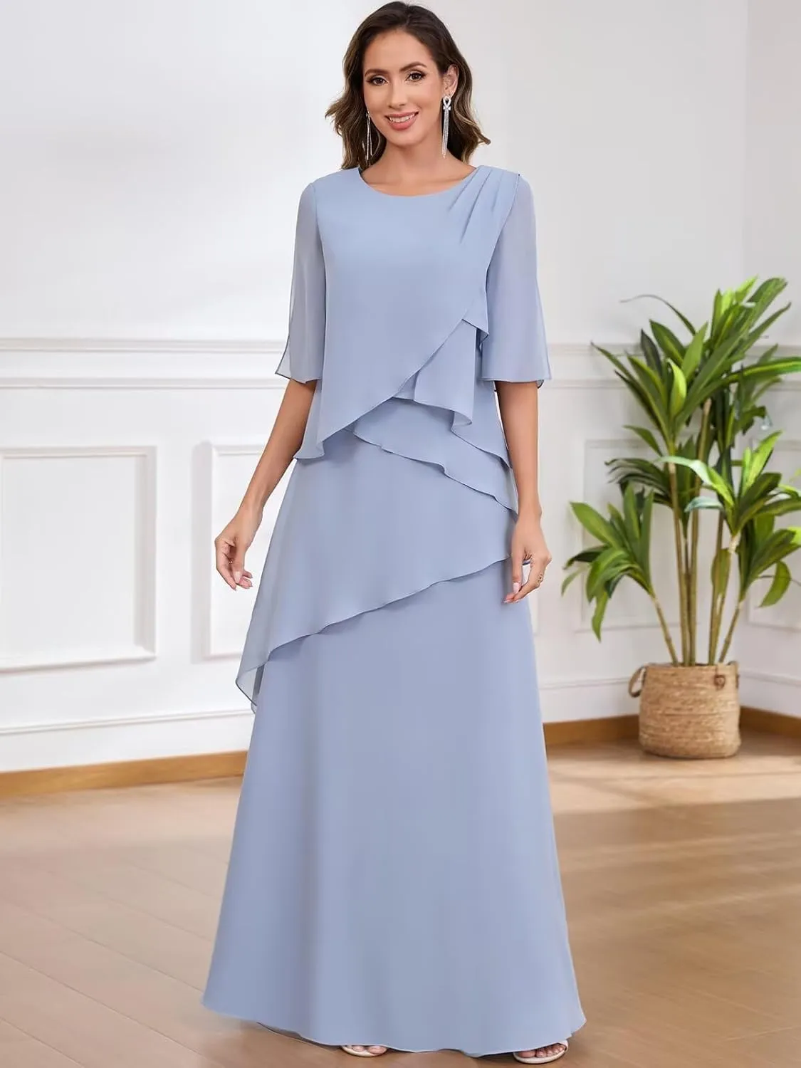 TORYEMY Women's Mother of The Bride Dresses Long Chiffon A Line Short Sleeve Formal Evening Dress for Wedding