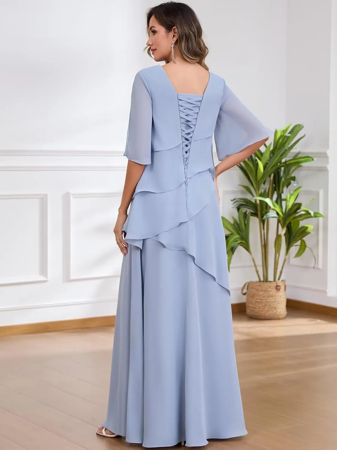 TORYEMY Women's Mother of The Bride Dresses Long Chiffon A Line Short Sleeve Formal Evening Dress for Wedding