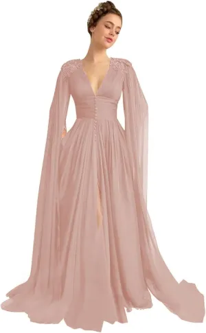 Tulle Wedding Dreses Long Sleeve Ball Gowns with Cape Lace Applique Slit Fomal Evening Gowns with Pockets