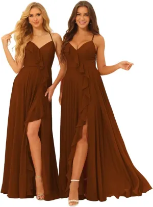 V Neck Chiffon Bridesmaid Dresses with Slit 2024 Spaghetti Straps Ruffle Pleated A Line Long Formal Dresses AU083