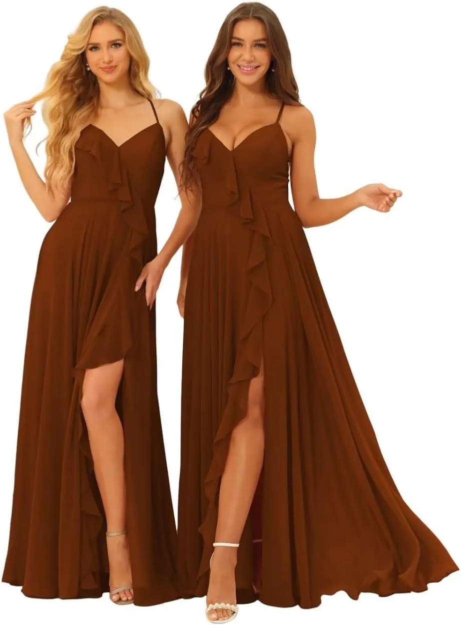 V Neck Chiffon Bridesmaid Dresses with Slit 2024 Spaghetti Straps Ruffle Pleated A Line Long Formal Dresses AU083