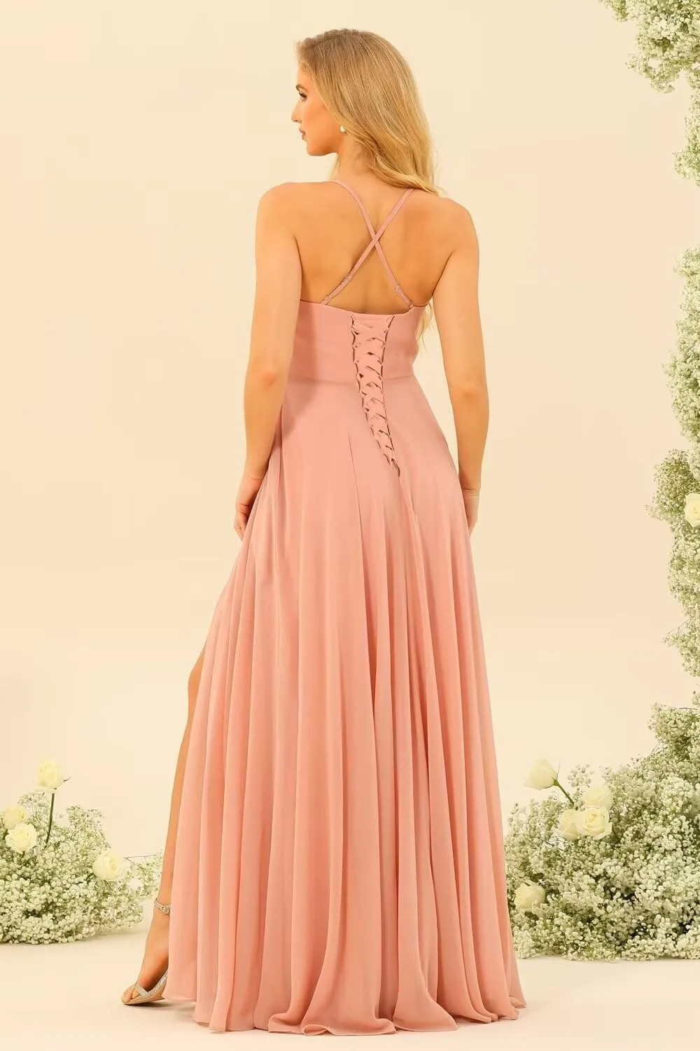 V Neck Chiffon Bridesmaid Dresses with Slit 2024 Spaghetti Straps Ruffle Pleated A Line Long Formal Dresses AU083