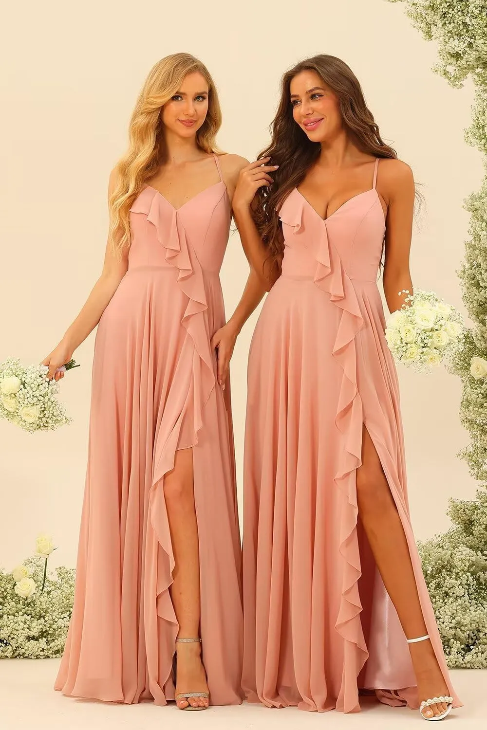 V Neck Chiffon Bridesmaid Dresses with Slit 2024 Spaghetti Straps Ruffle Pleated A Line Long Formal Dresses AU083
