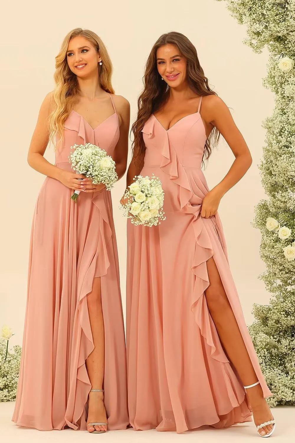 V Neck Chiffon Bridesmaid Dresses with Slit 2024 Spaghetti Straps Ruffle Pleated A Line Long Formal Dresses AU083