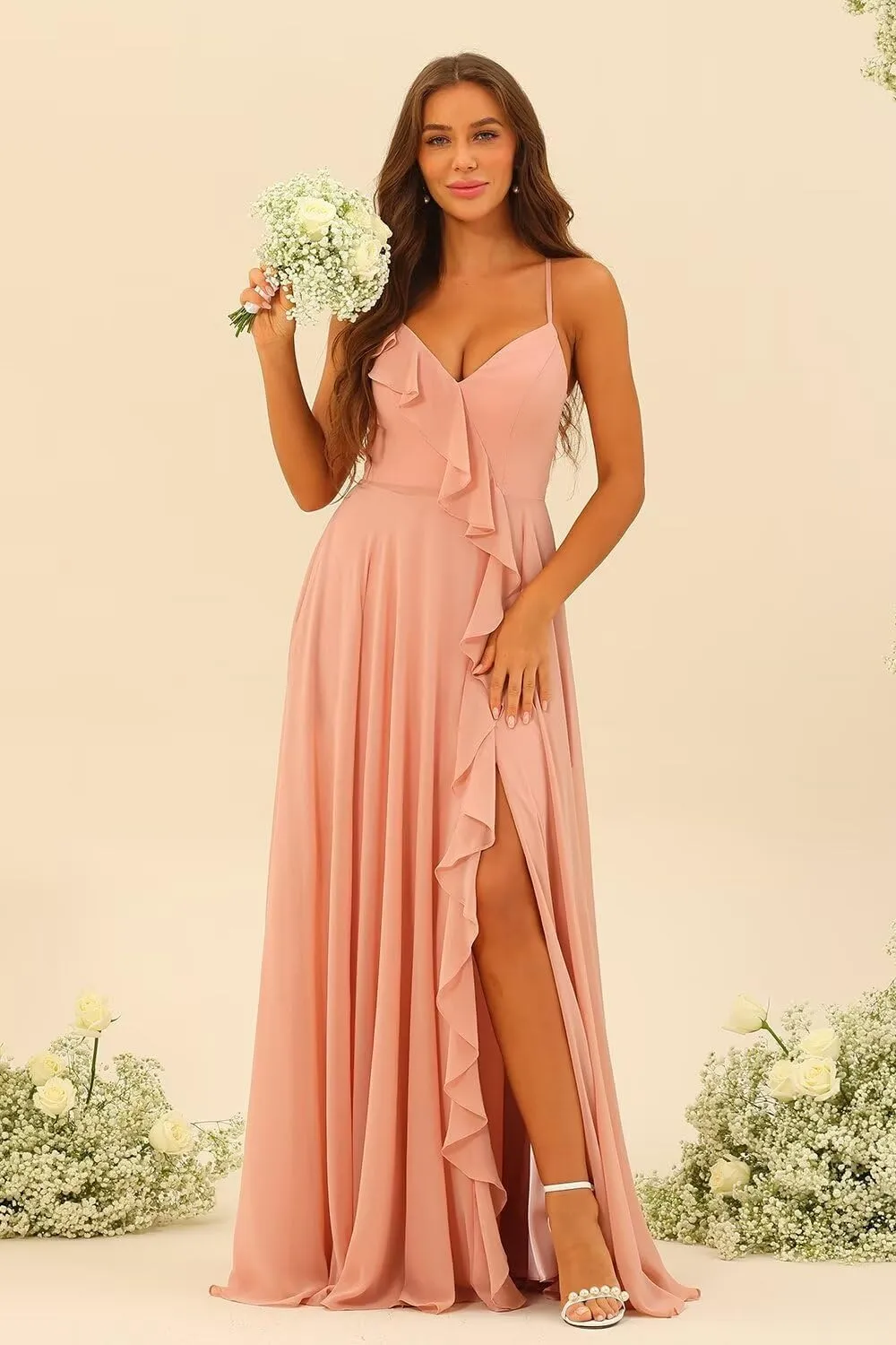 V Neck Chiffon Bridesmaid Dresses with Slit 2024 Spaghetti Straps Ruffle Pleated A Line Long Formal Dresses AU083