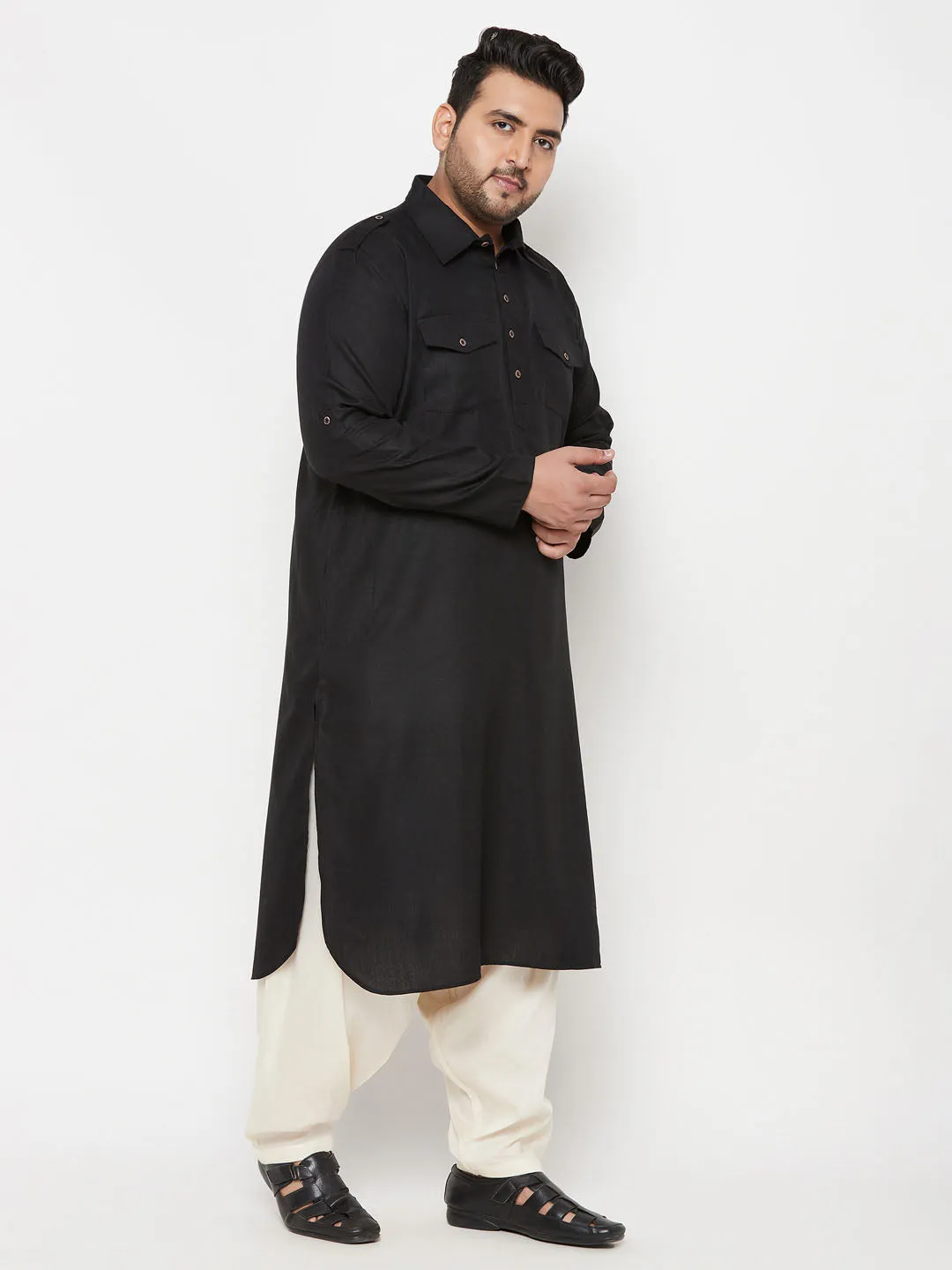 Vastramay Black/Cream Cotton Blend Pathani Set