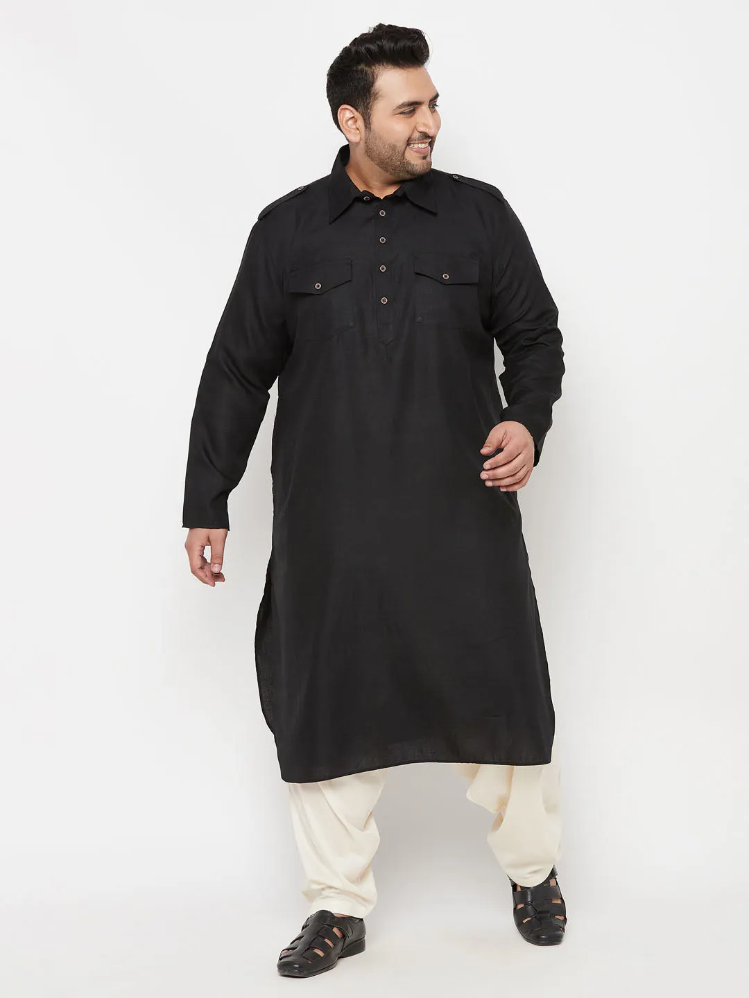 Vastramay Black/Cream Cotton Blend Pathani Set