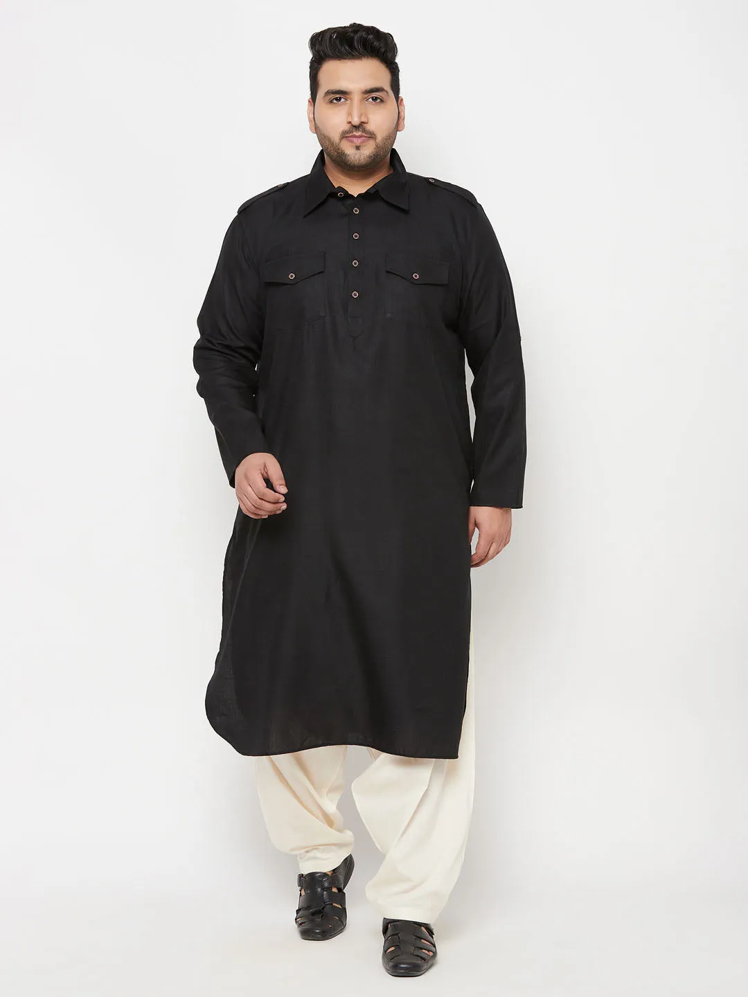 Vastramay Black/Cream Cotton Blend Pathani Set
