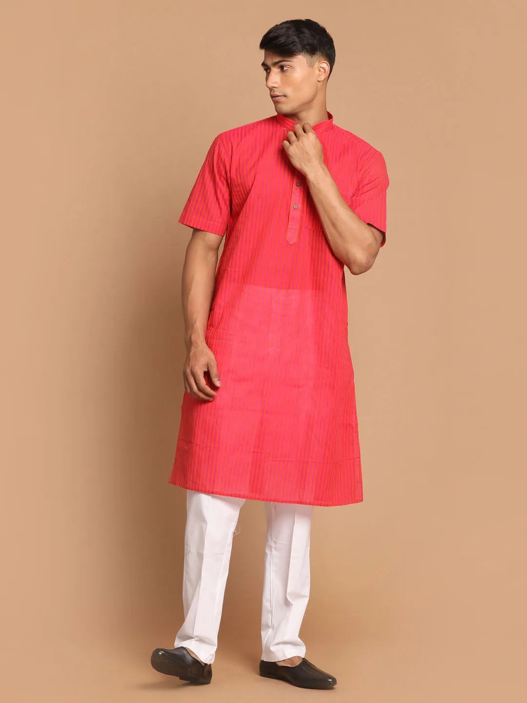 VASTRAMAY Pink Striped Cotton Kurta Set