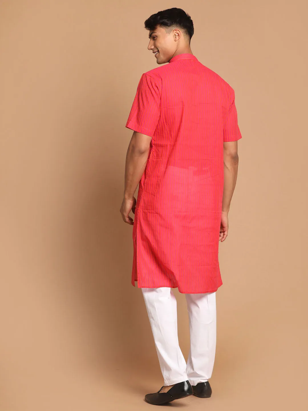 VASTRAMAY Pink Striped Cotton Kurta Set
