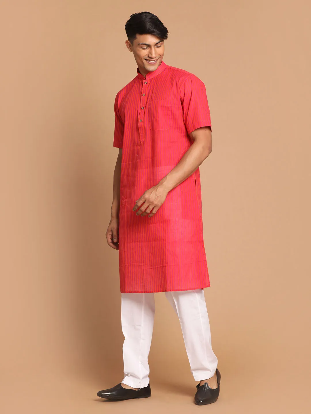 VASTRAMAY Pink Striped Cotton Kurta Set