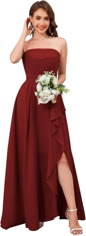 VCCICANY Chiffon Spaghetti Straps Bridesmaid Dresses for Women Strapless Ruffle Ruched Long Formal Dress with Slit