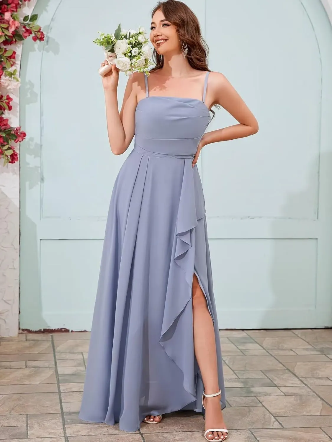 VCCICANY Chiffon Spaghetti Straps Bridesmaid Dresses for Women Strapless Ruffle Ruched Long Formal Dress with Slit