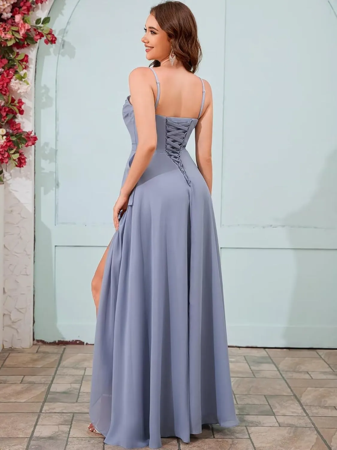 VCCICANY Chiffon Spaghetti Straps Bridesmaid Dresses for Women Strapless Ruffle Ruched Long Formal Dress with Slit