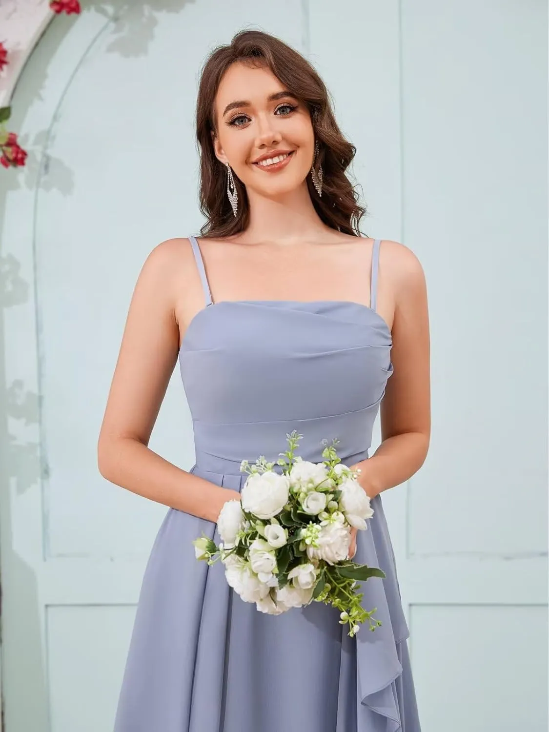 VCCICANY Chiffon Spaghetti Straps Bridesmaid Dresses for Women Strapless Ruffle Ruched Long Formal Dress with Slit
