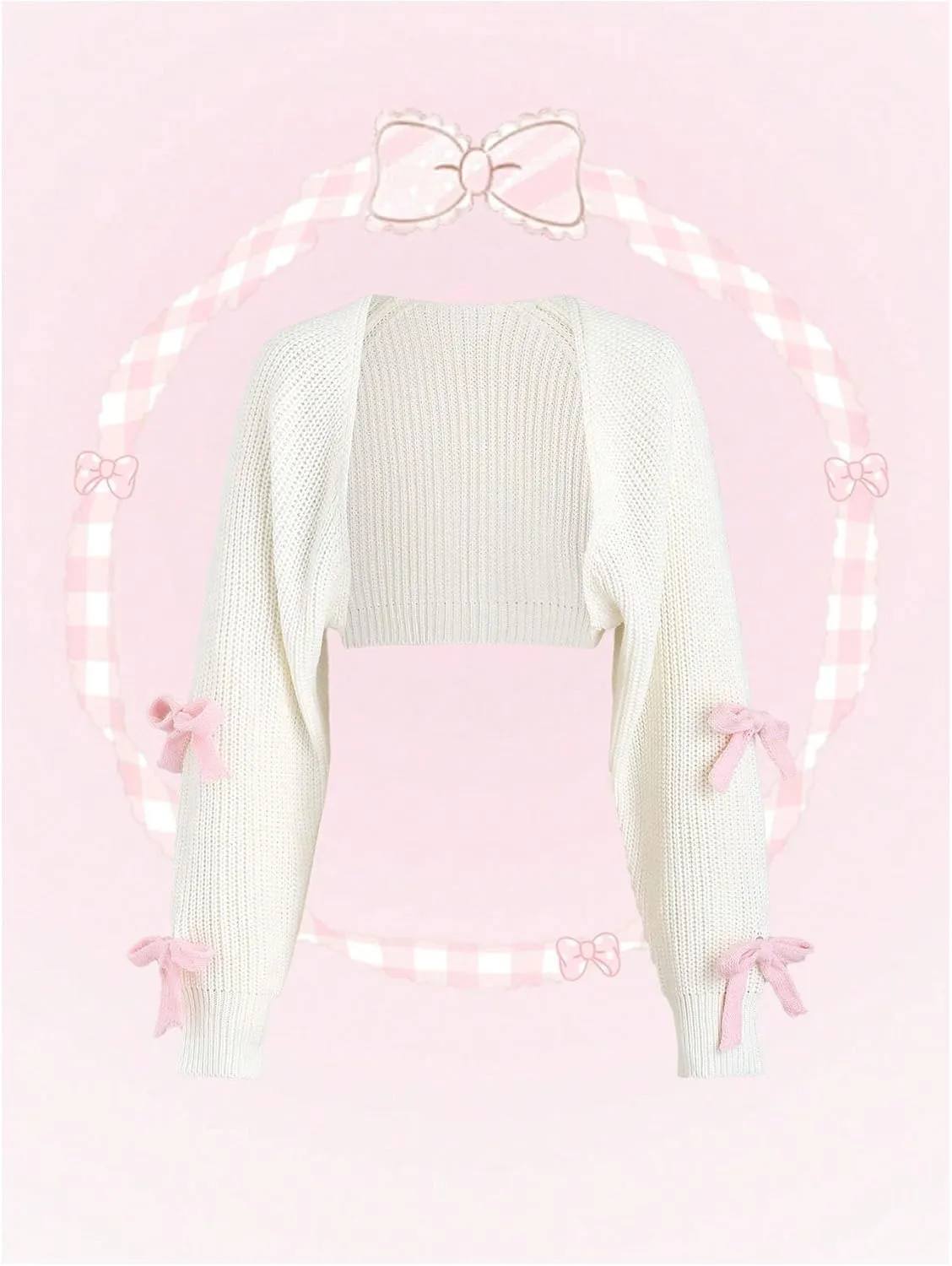 Verdusa Women's Bow Knot Open Front Long Sleeve Knitted Crop Cute Cardigan Sweater