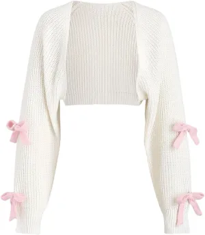 Verdusa Women's Bow Knot Open Front Long Sleeve Knitted Crop Cute Cardigan Sweater