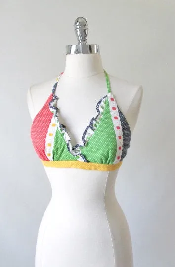 Vintage 70's Polka Dot & Ruffle Halter Top / One Size