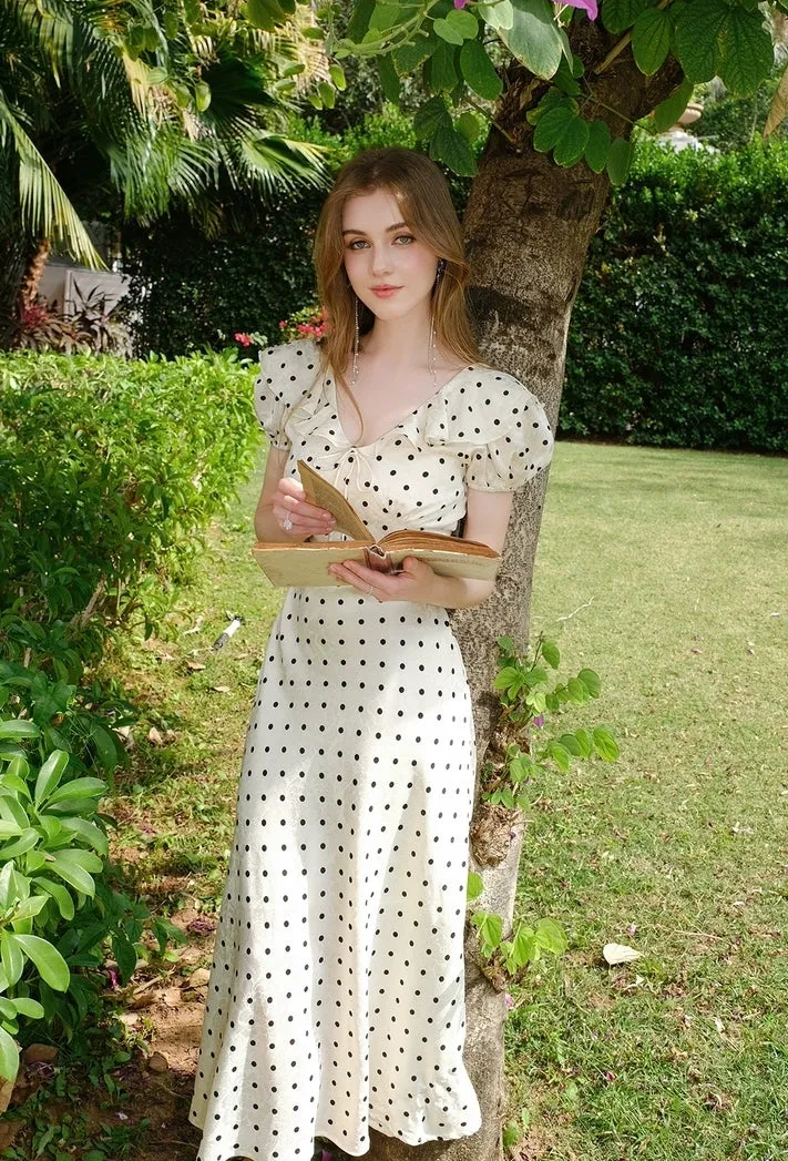 Vintage-Inspired Polka Dot Puff Sleeve Midi Dress