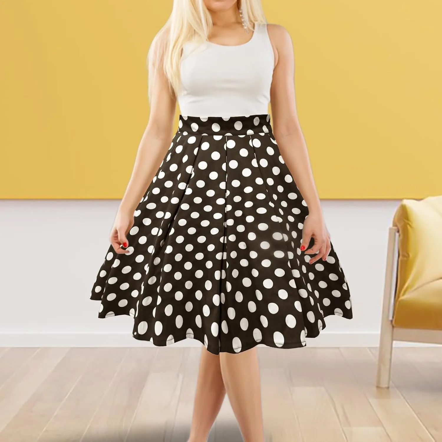 Vintage Pleated Skirts for Women A-Line Floral Skirt Zipper Midi Skirt with Pockets