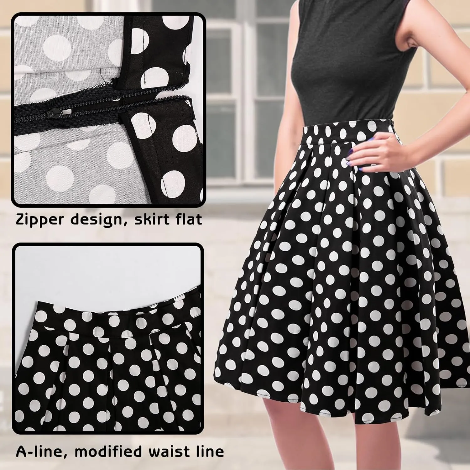 Vintage Pleated Skirts for Women A-Line Floral Skirt Zipper Midi Skirt with Pockets