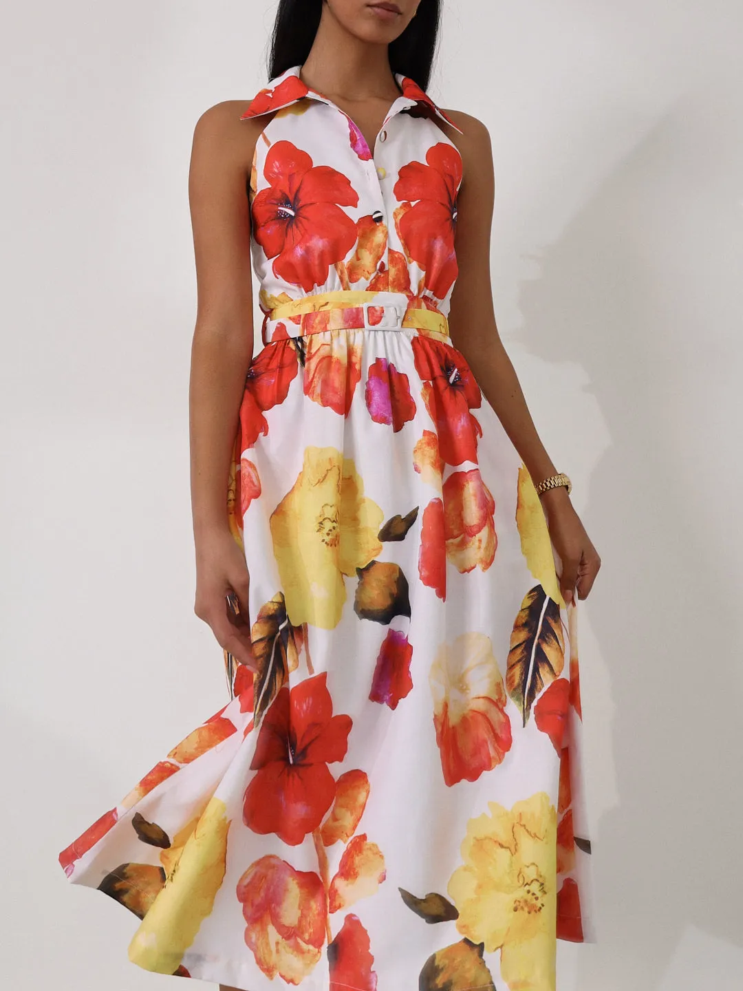 Viola Cutwork Timeless Belted Dress | Red/Yellow Mix