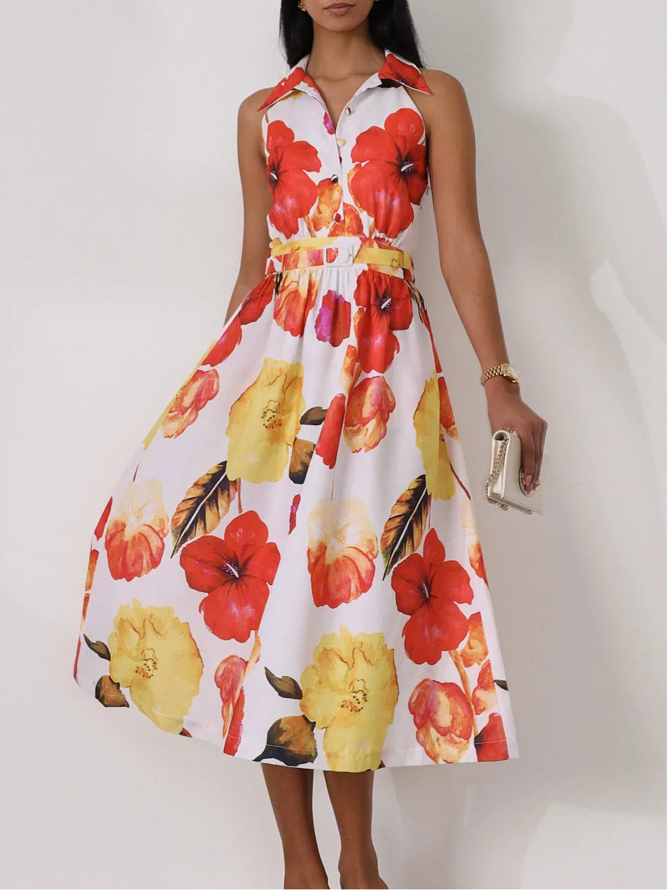 Viola Cutwork Timeless Belted Dress | Red/Yellow Mix