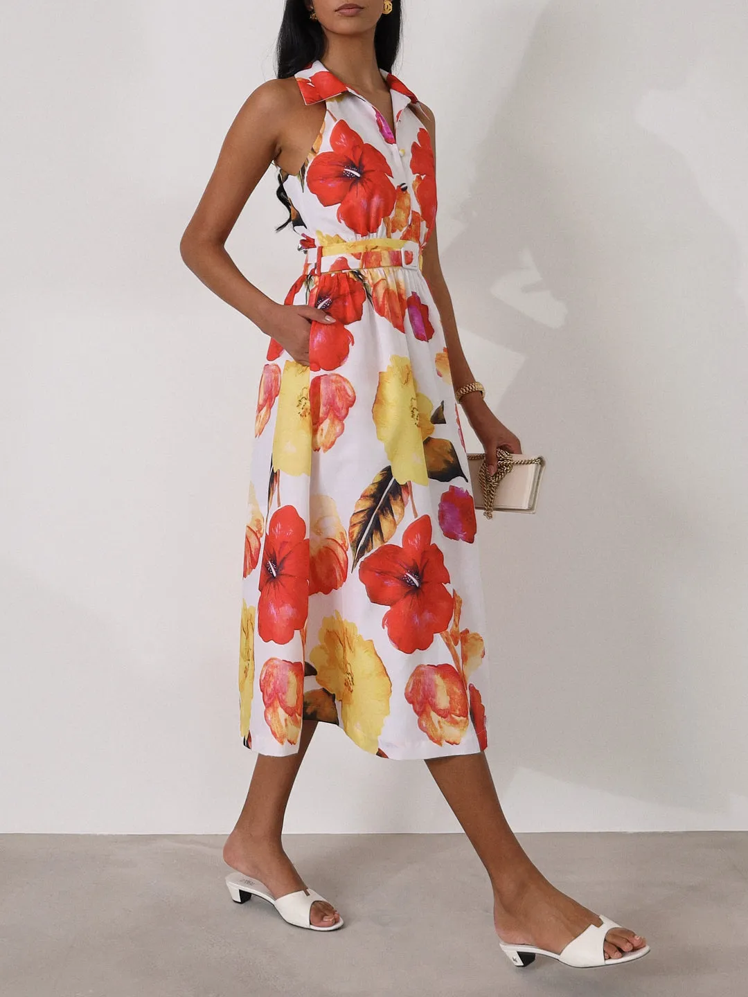 Viola Cutwork Timeless Belted Dress | Red/Yellow Mix