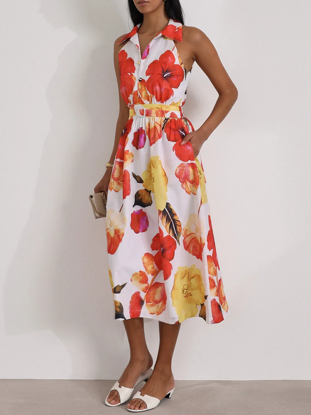 Viola Cutwork Timeless Belted Dress | Red/Yellow Mix