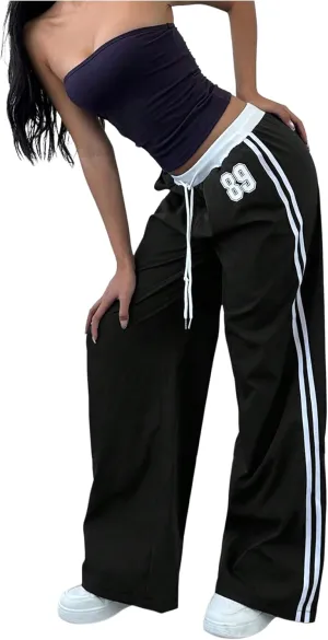 WDIRARA Women's Wide Leg Baggy Sweatpants Side Striped Number Graphic Track Pants with Pockets