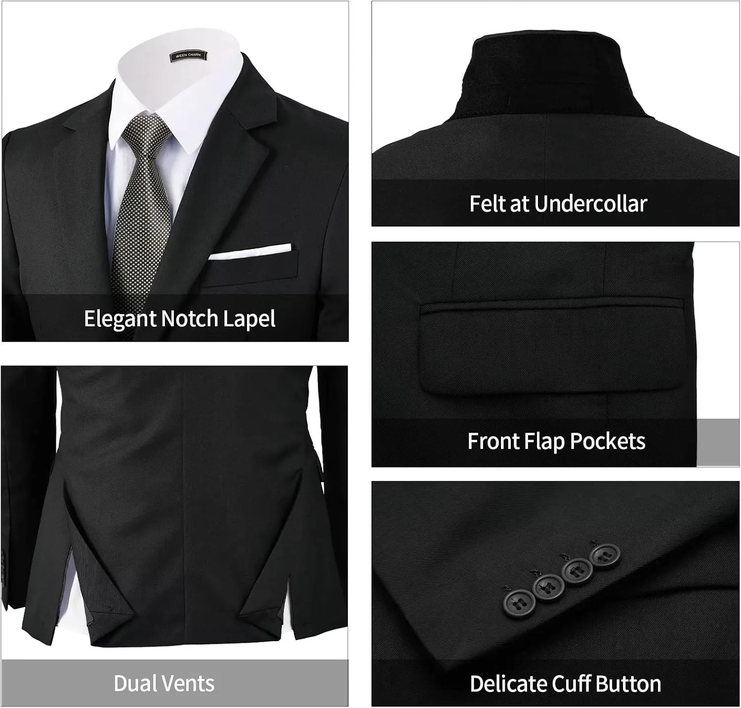 WEEN CHARM Men's 3-Piece Slim Fit Suit Set-2-Button Blazer,Vest & Pants-Formal Wedding,Prom,Party & Business Tuxedo