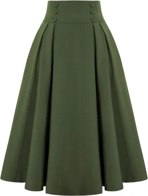 Women Fashion Casual Midi Skirt With Pockets Solid athletic Skirt A-line plus size Vintage High Waist Pleated Skirt