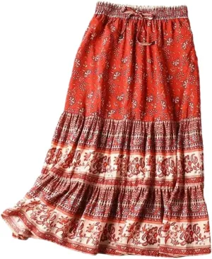 Women Gothic Floral Printed High Elastic Waist Beach Bohemian Skirt A-Line Midi Skirts