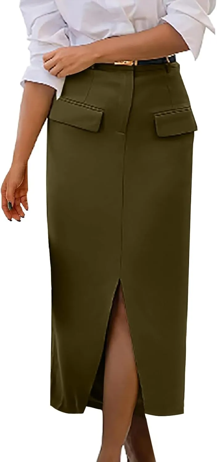 Women High Waisted Cargo Midi Skirt Y2k Summer Vintage Pencil Slit Long Skirts Dressy Casual Business Work Skirts