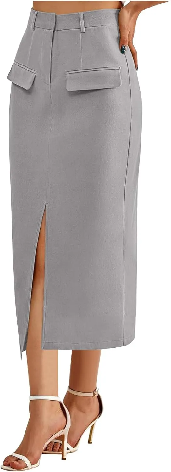 Women High Waisted Cargo Midi Skirt Y2k Summer Vintage Pencil Slit Long Skirts Dressy Casual Business Work Skirts