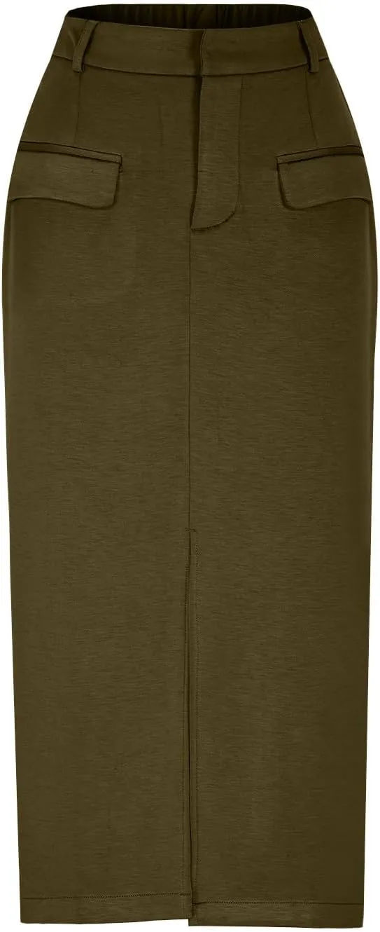 Women High Waisted Cargo Midi Skirt Y2k Summer Vintage Pencil Slit Long Skirts Dressy Casual Business Work Skirts