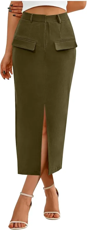 Women High Waisted Cargo Midi Skirt Y2k Summer Vintage Pencil Slit Long Skirts Dressy Casual Business Work Skirts