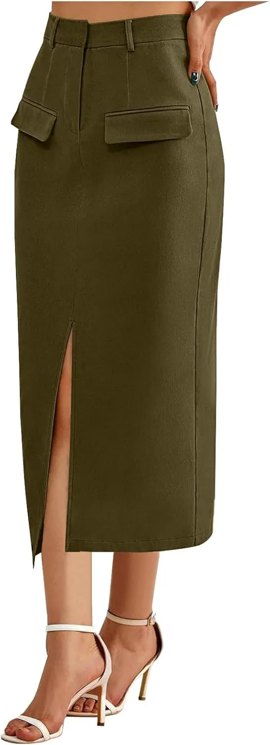 Women High Waisted Cargo Midi Skirt Y2k Summer Vintage Pencil Slit Long Skirts Dressy Casual Business Work Skirts