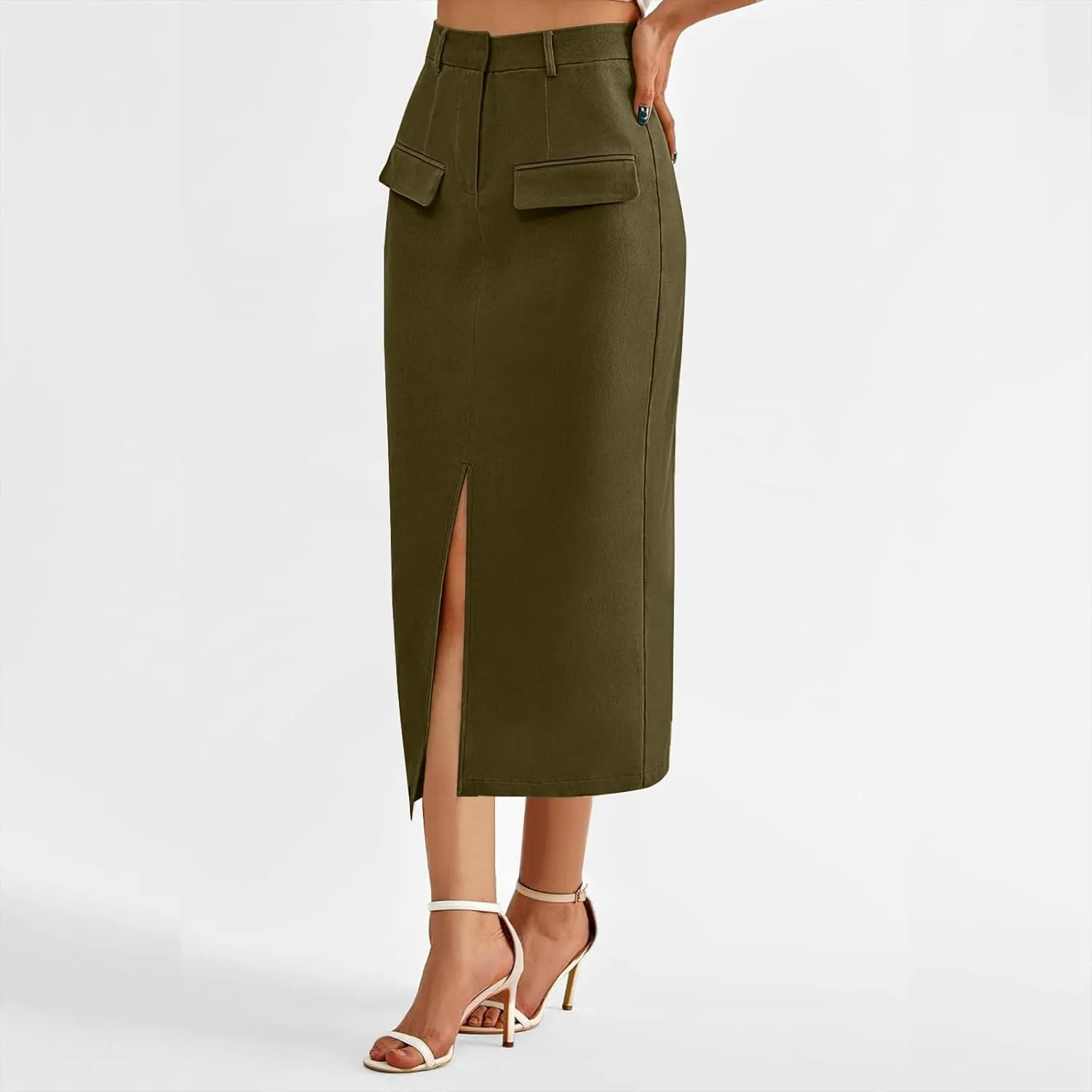 Women High Waisted Cargo Midi Skirt Y2k Summer Vintage Pencil Slit Long Skirts Dressy Casual Business Work Skirts