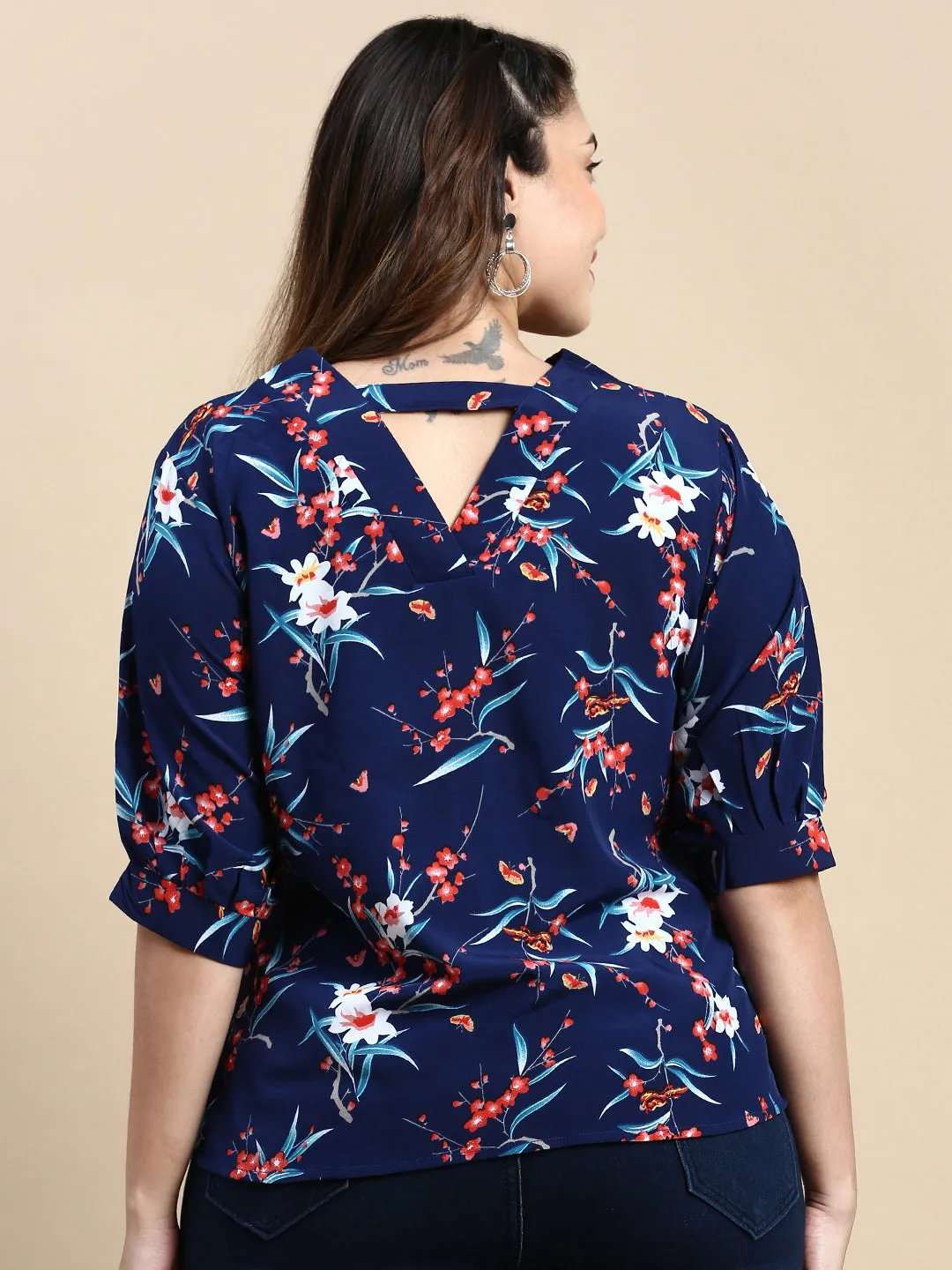 Women Navy Blue Floral Printed V-Neck A-Line Top