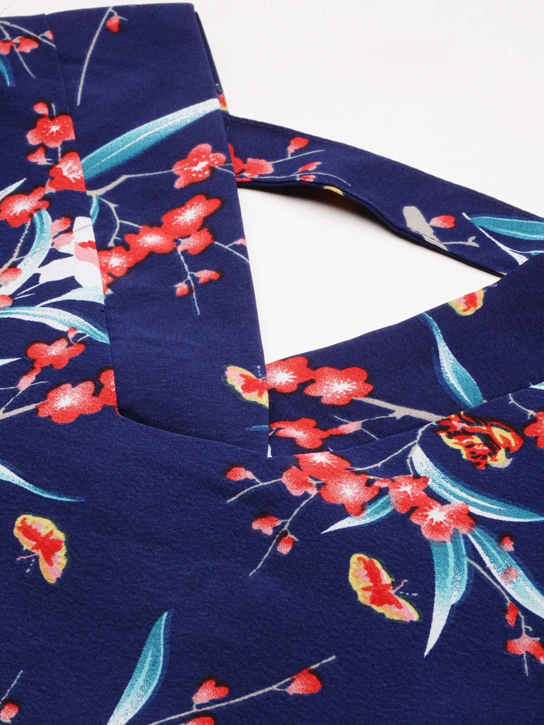 Women Navy Blue Floral Printed V-Neck A-Line Top