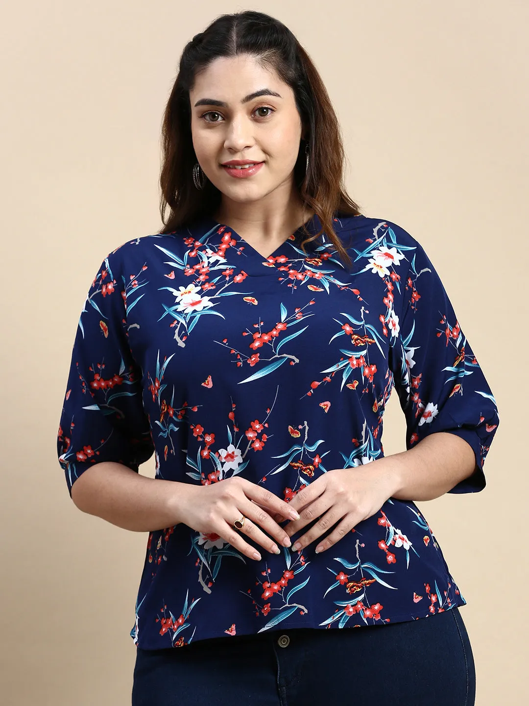 Women Navy Blue Floral Printed V-Neck A-Line Top