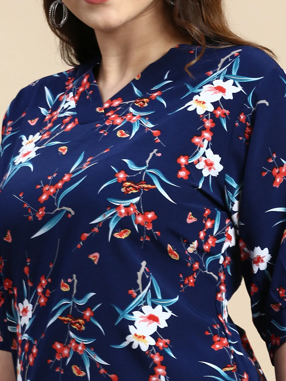 Women Navy Blue Floral Printed V-Neck A-Line Top
