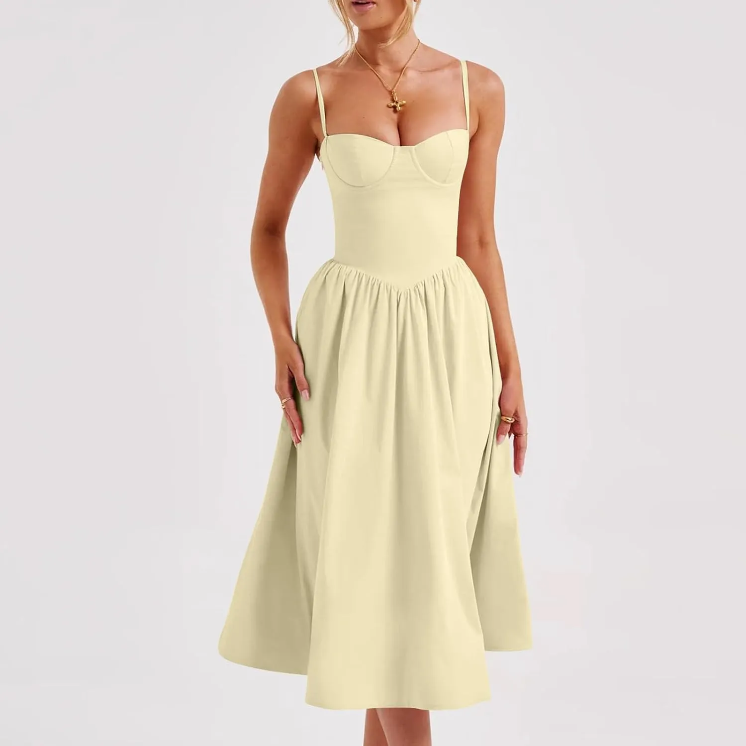 Women Summer 2025 Maxi Dress Spaghetti Strap Back CRIS Cross Flowy Pleated Hem Corset Skirt Church Work Dresses Outfits