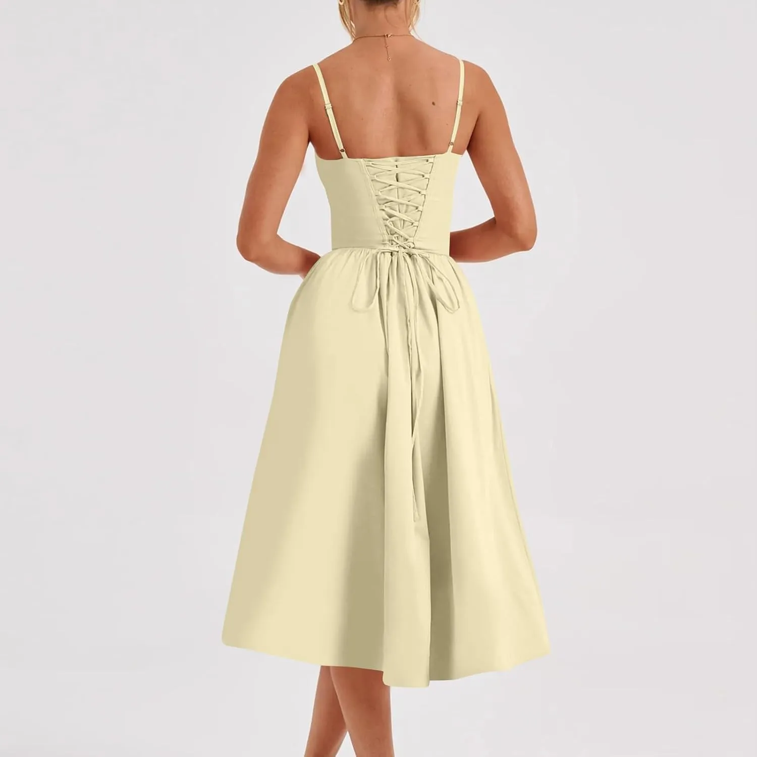 Women Summer 2025 Maxi Dress Spaghetti Strap Back CRIS Cross Flowy Pleated Hem Corset Skirt Church Work Dresses Outfits