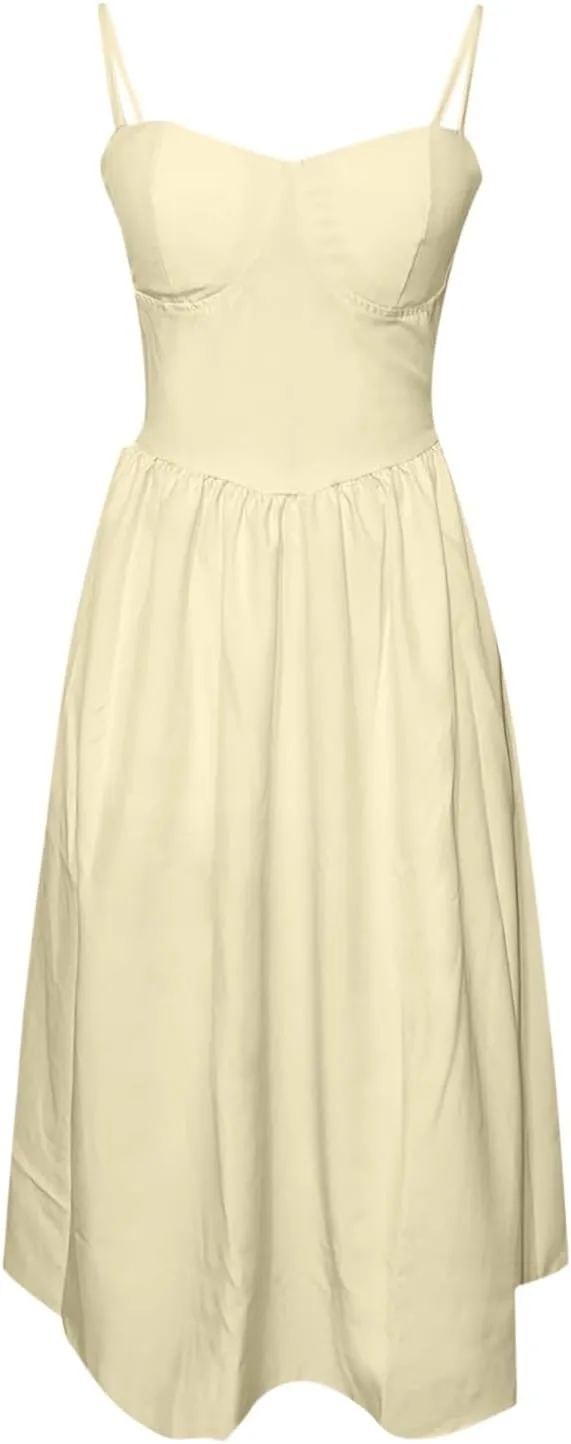 Women Summer 2025 Maxi Dress Spaghetti Strap Back CRIS Cross Flowy Pleated Hem Corset Skirt Church Work Dresses Outfits