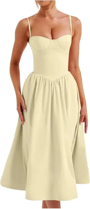 Women Summer 2025 Maxi Dress Spaghetti Strap Back CRIS Cross Flowy Pleated Hem Corset Skirt Church Work Dresses Outfits