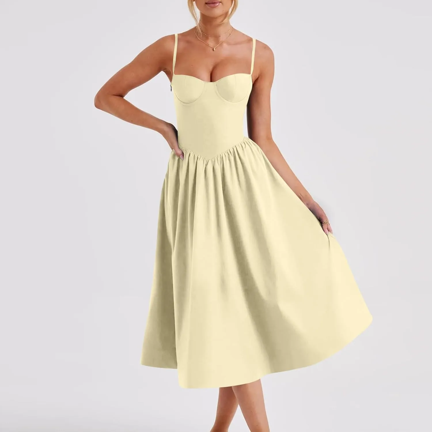 Women Summer 2025 Maxi Dress Spaghetti Strap Back CRIS Cross Flowy Pleated Hem Corset Skirt Church Work Dresses Outfits