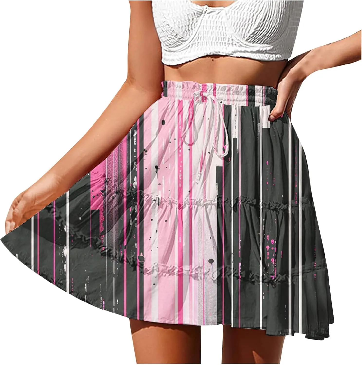 Women Summer Boho Floral Skirts 2025 Trendy Beach Mini Skirt Elastic Waist Tiered Ruffle Pleated Skirts